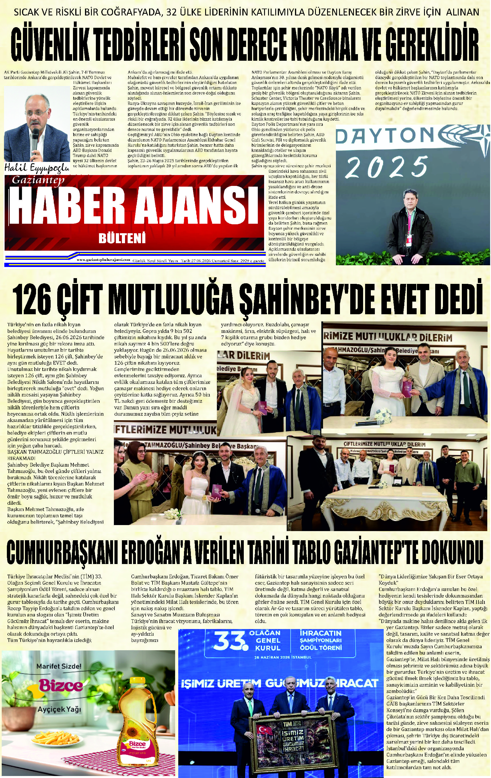 Gaziantep Haber Ajansı Bülteni Cumartesi 27.06.2026 e gazete
