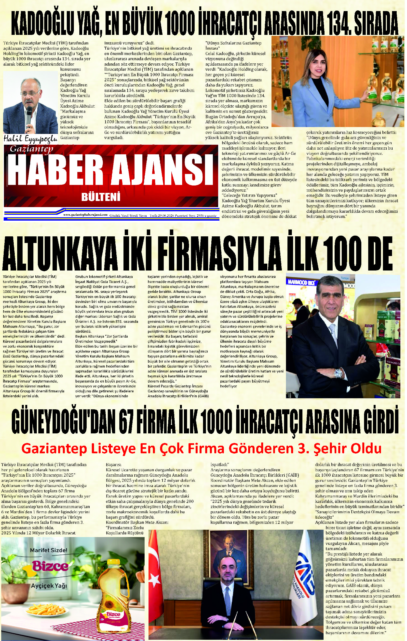 Gaziantep Haber Ajansı Bülteni Pazartesi 29.06.2026 e gazete