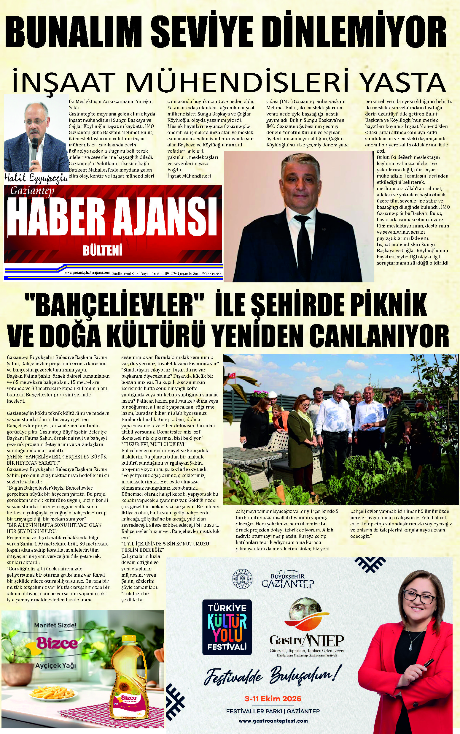 Gaziantep Haber Ajansı Bülteni Çarşamba 30.09.2026 e gazete