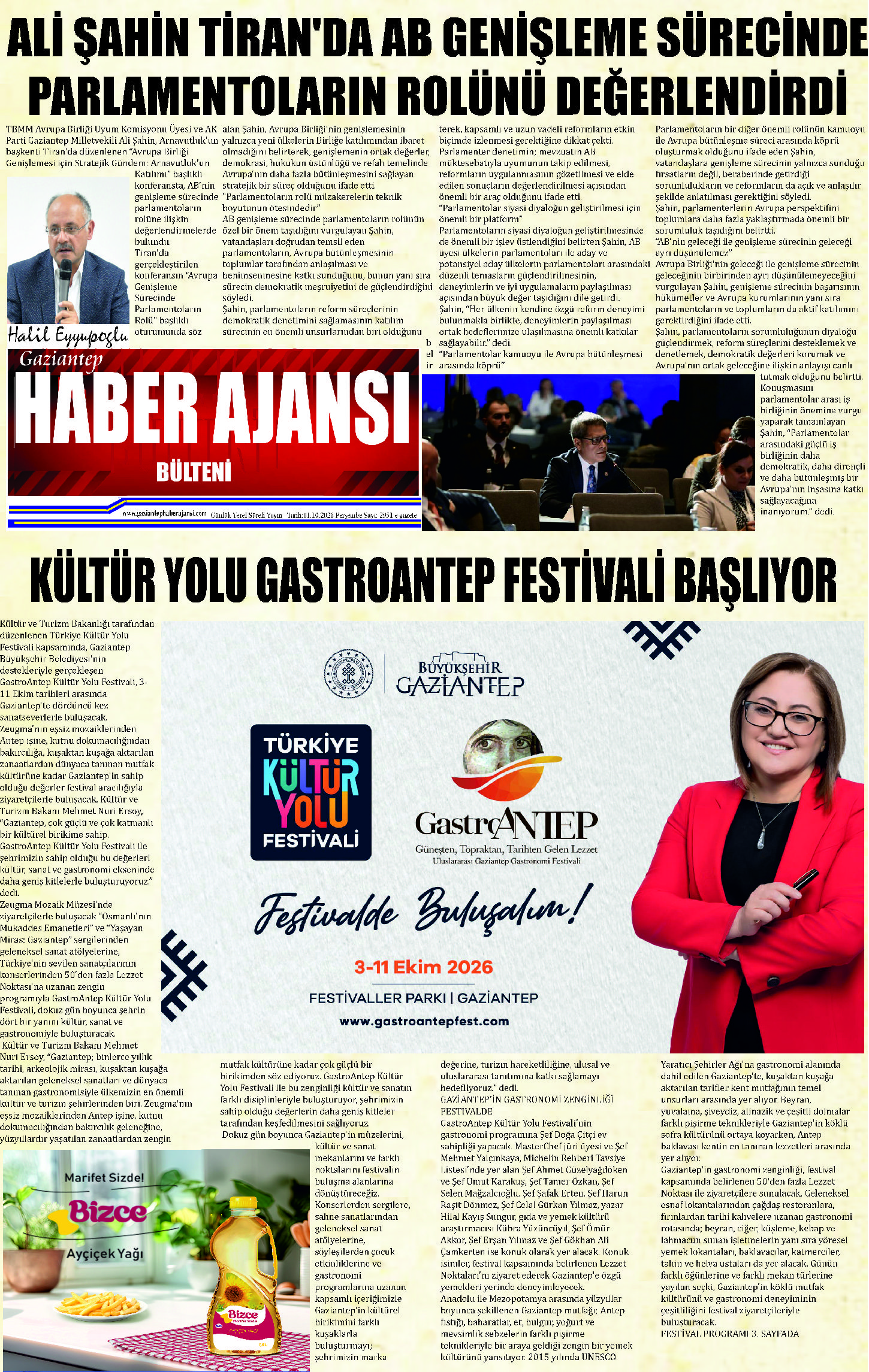 Gaziantep Haber Ajansı Bülteni Perşembe 01.10.2026 e gazete