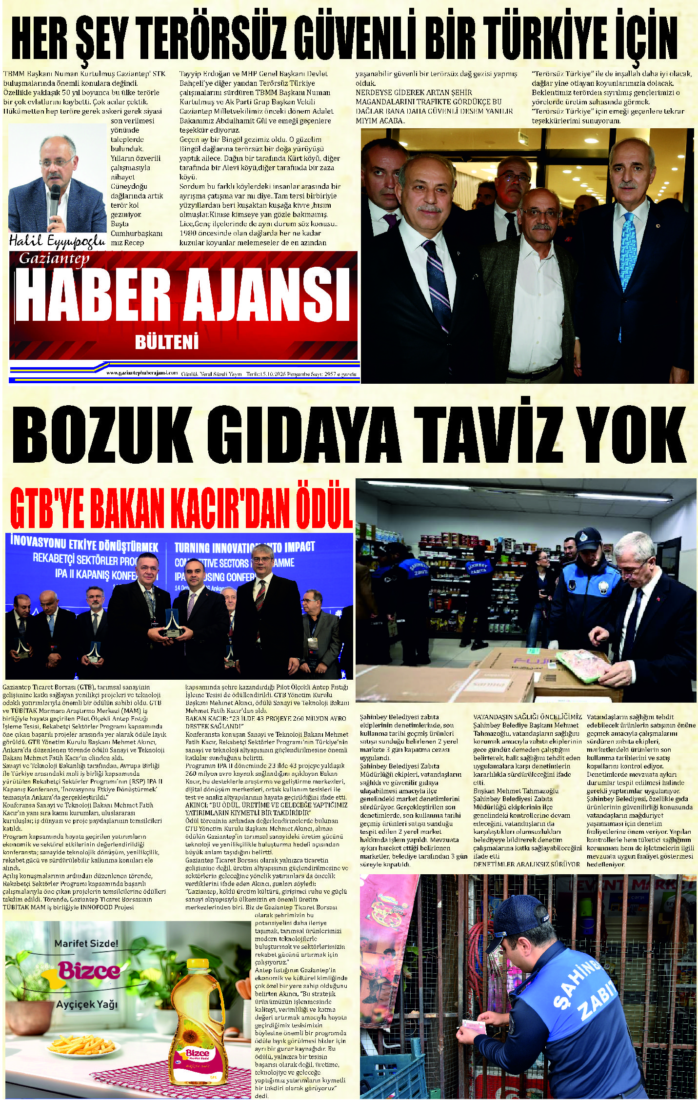 Gaziantep Haber Ajansı Bülteni Perşembe 15.10.2026 e gazete