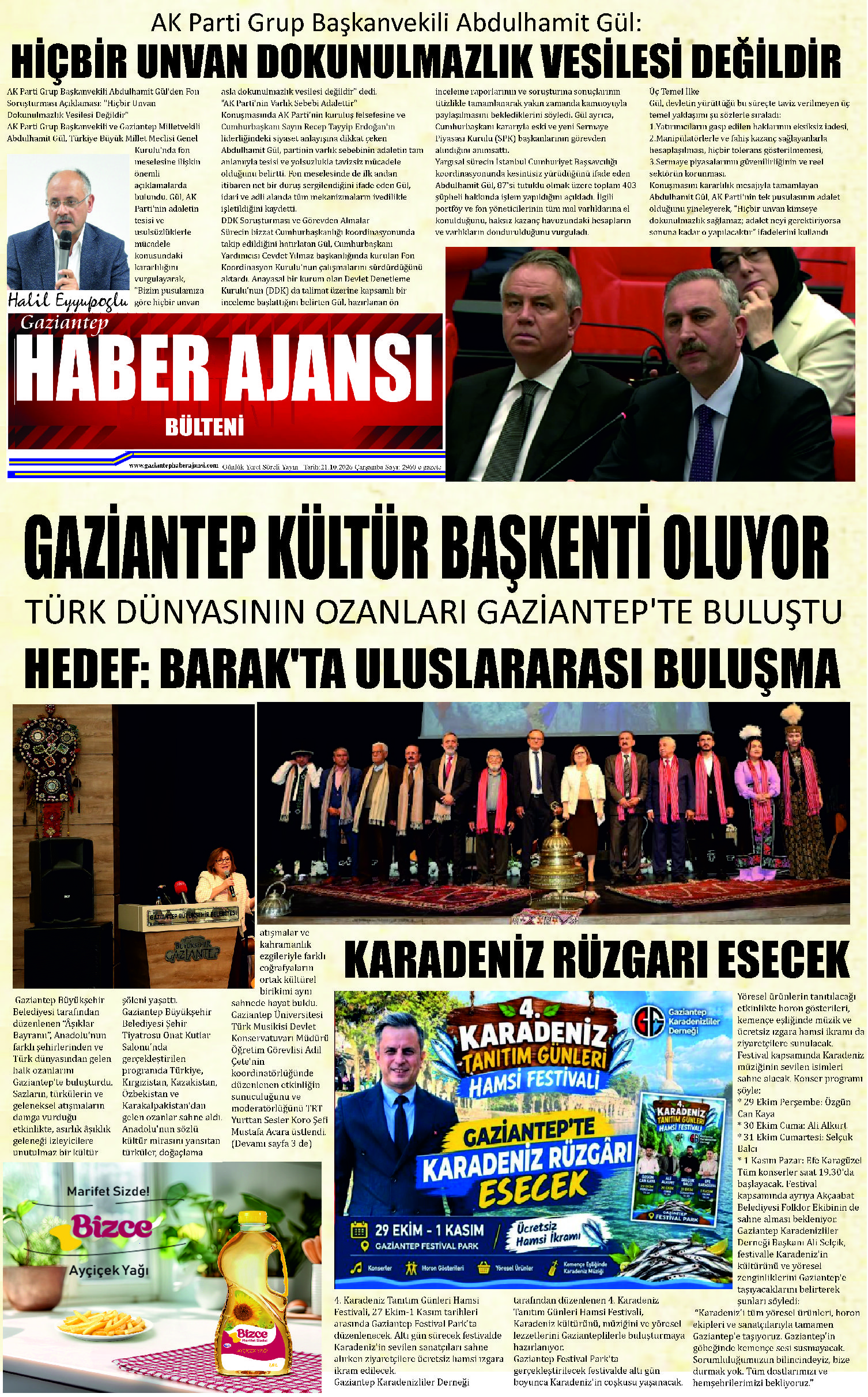 Gaziantep Haber Ajansı Bülteni Çarşamba 21.10.2026 e gazete