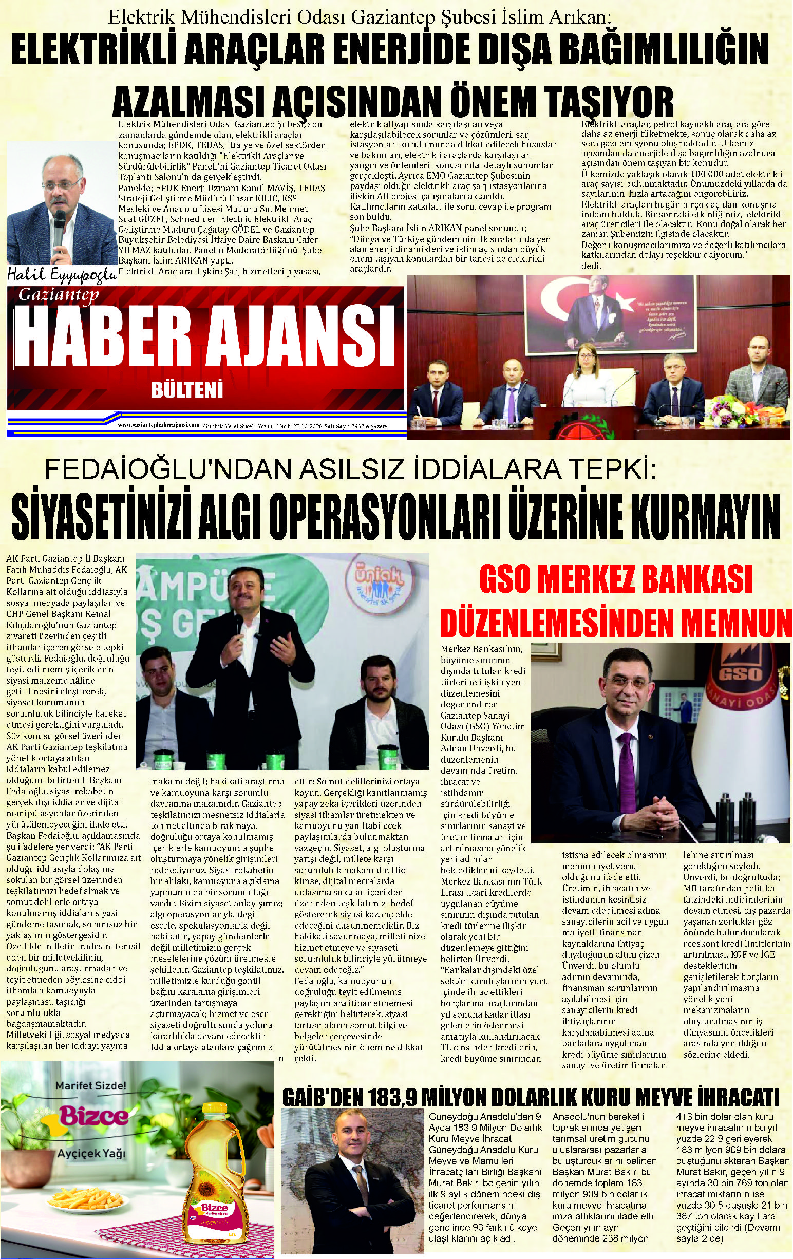 Gaziantep Haber Ajansı Bülteni Salı 27.10.2026 e gazete