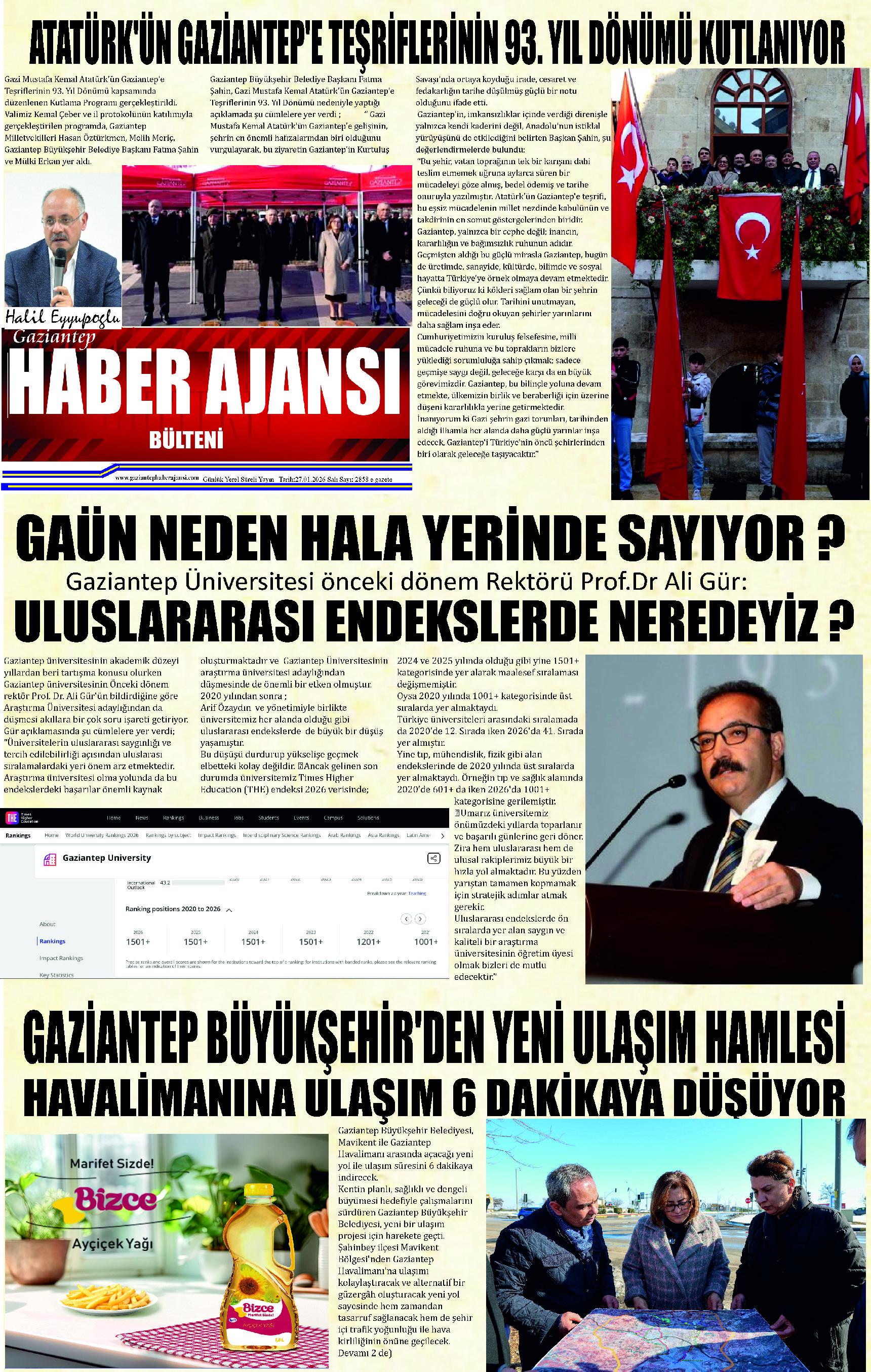 Gaziantep Haber Ajansı Bülteni Salı 27.01.2026 e gazete