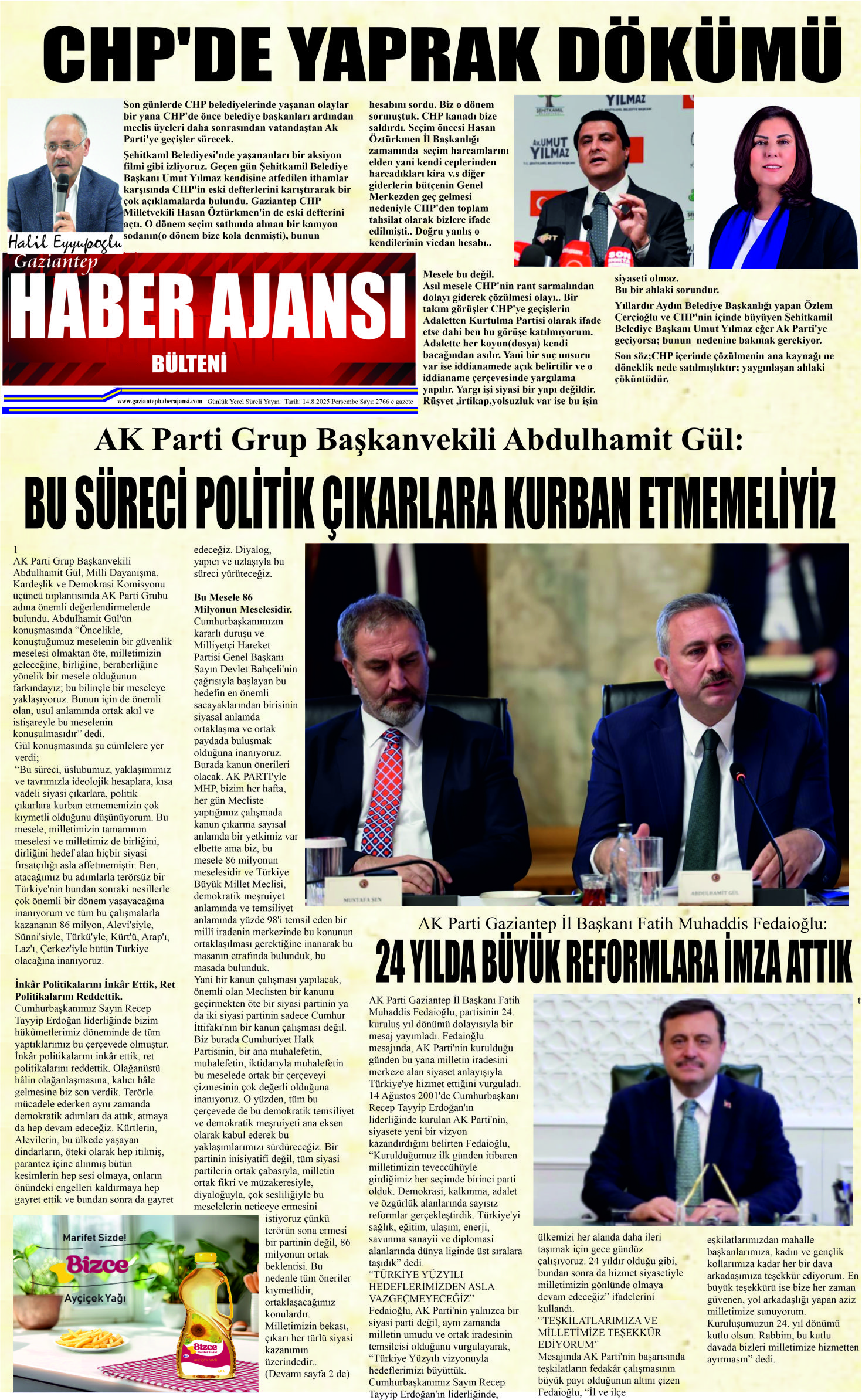 Gaziantep Haber Ajansı Bülteni Perşembe 14.08.2025 e gazete