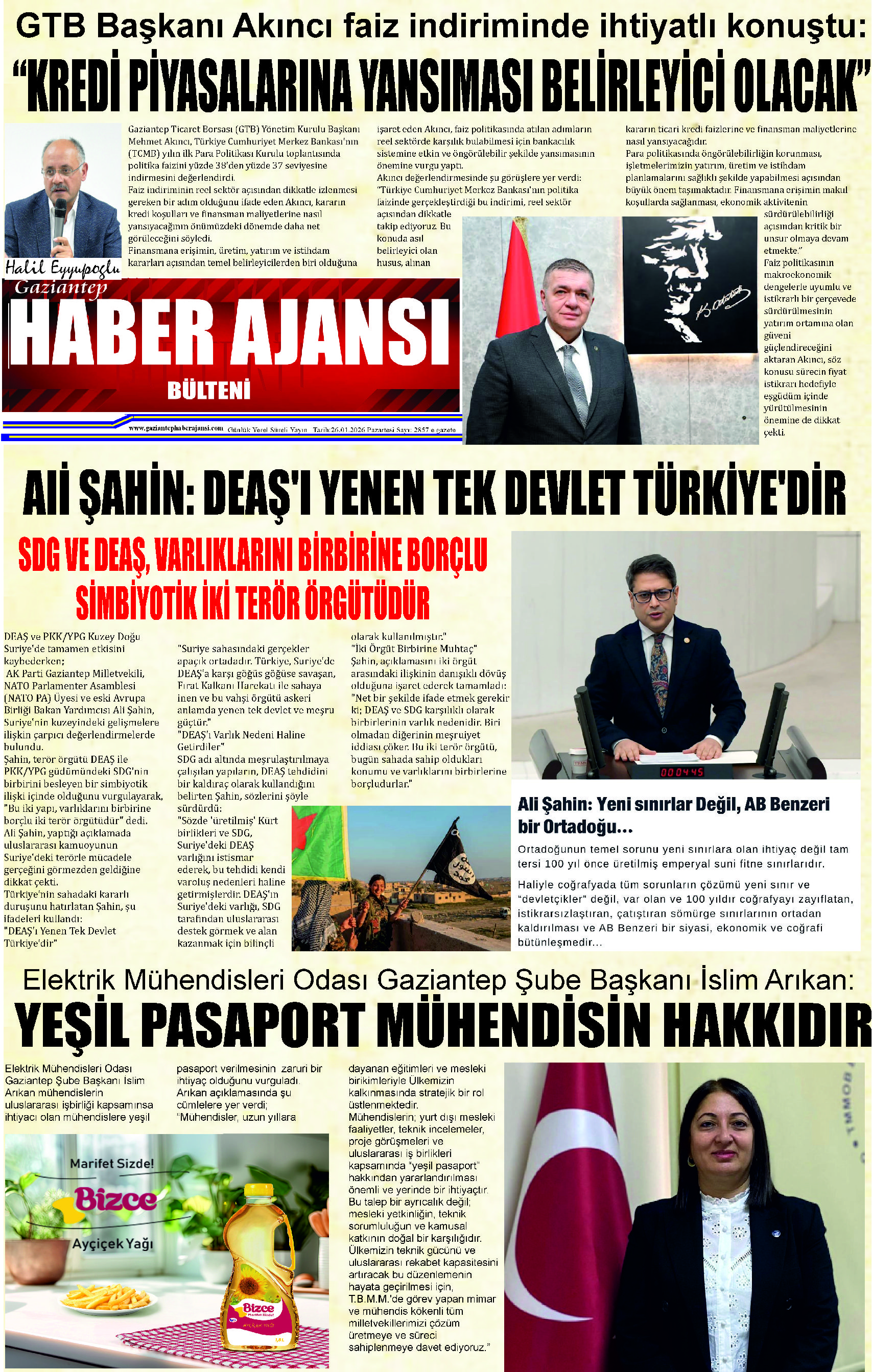 Gaziantep Haber Ajansı Bülteni Pazartesi 26.01.2026 e gazete