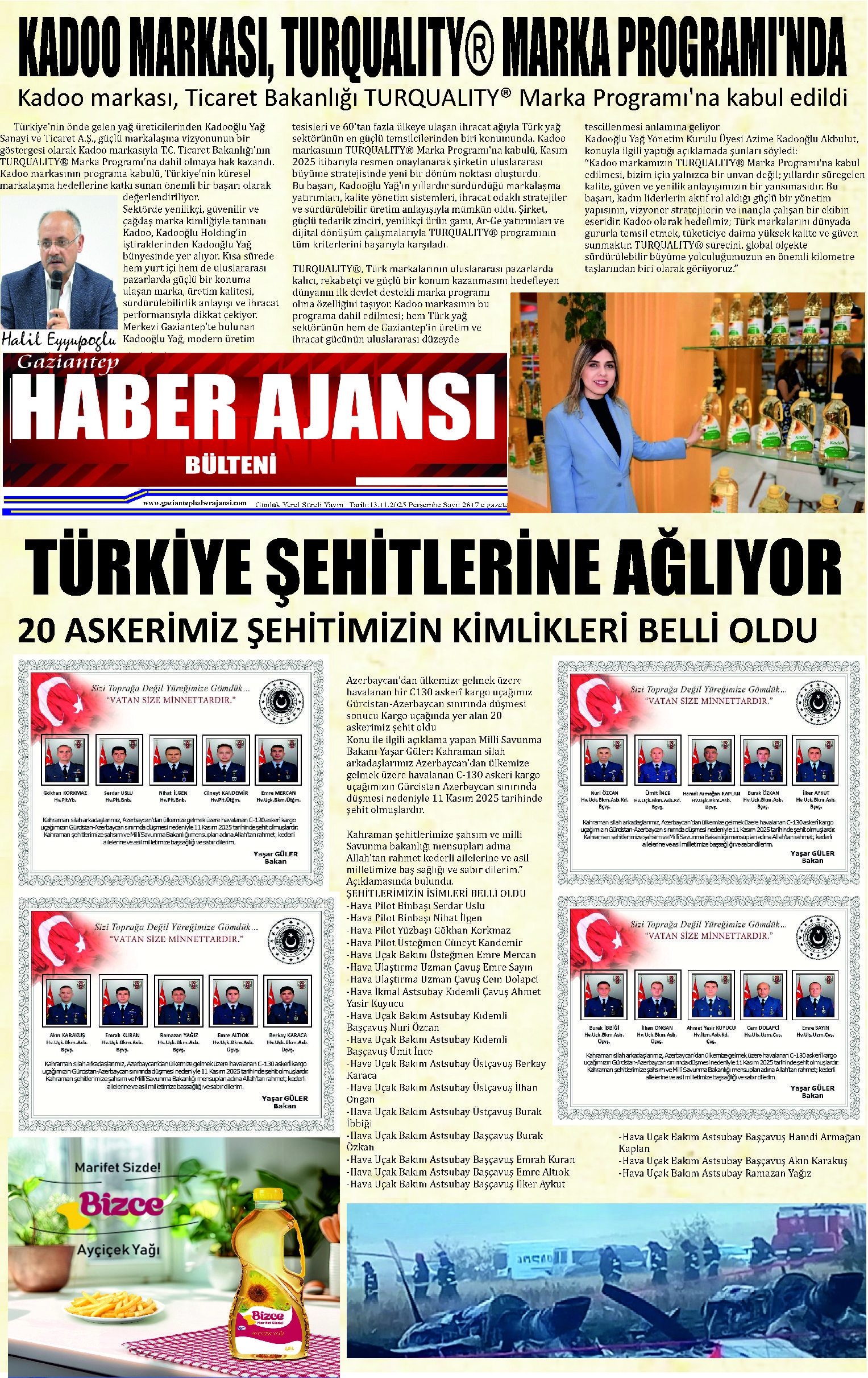 Gaziantep Haber Ajansı Bülteni Perşembe  13.11.2025 e gazete