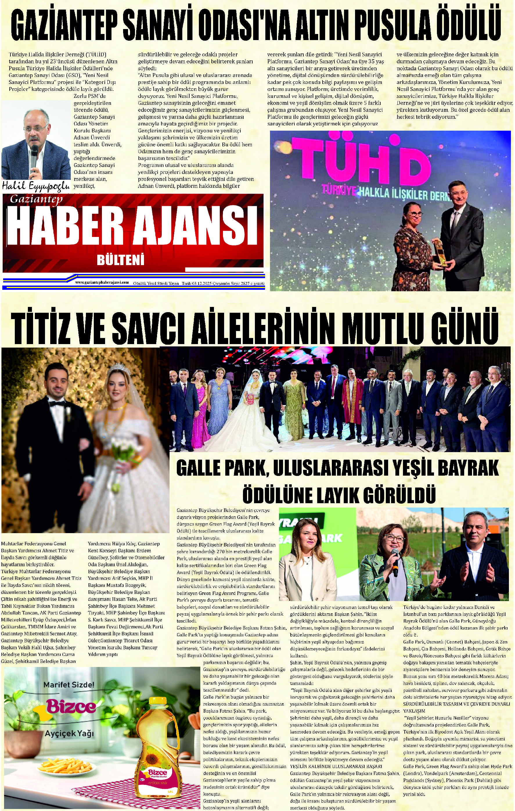 Gaziantep Haber Ajansı Bülteni Çarşamba  03.12.2025 e gazete