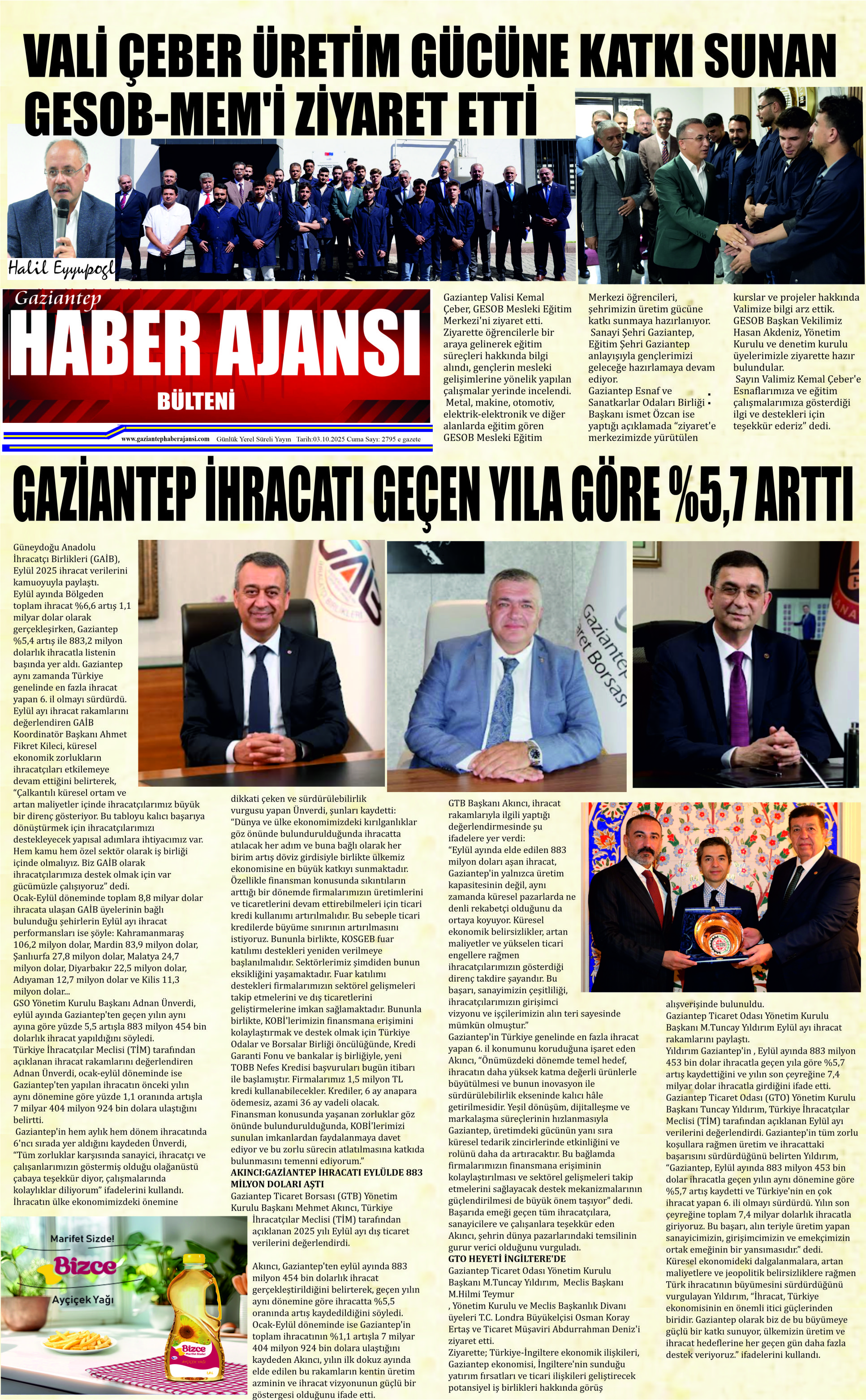 Gaziantep Haber Ajansı Bülteni Cuma 03.10.2025 e gazete