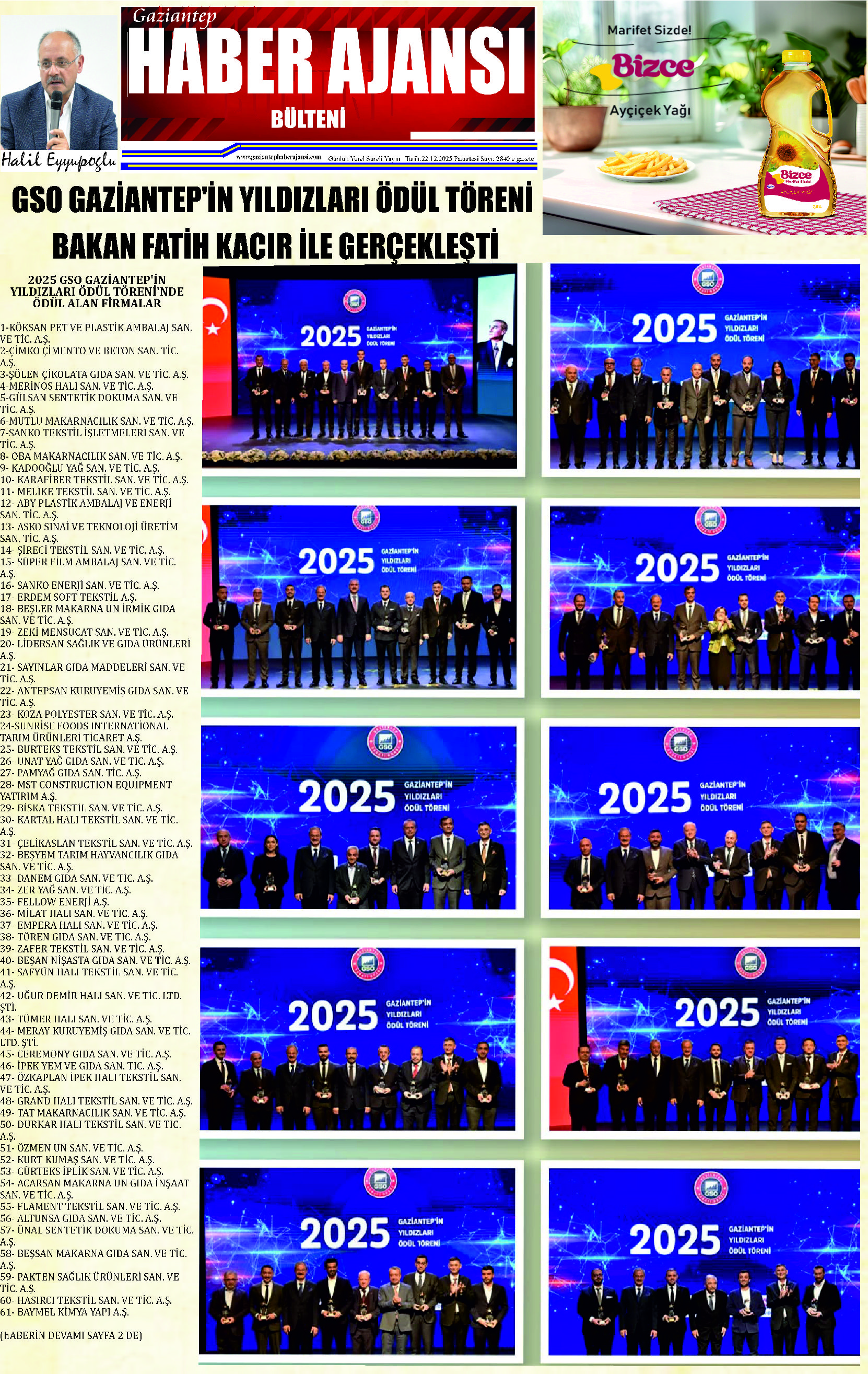 Gaziantep Haber Ajansı Bülteni Pazartesi 22.12.2025 e gazete