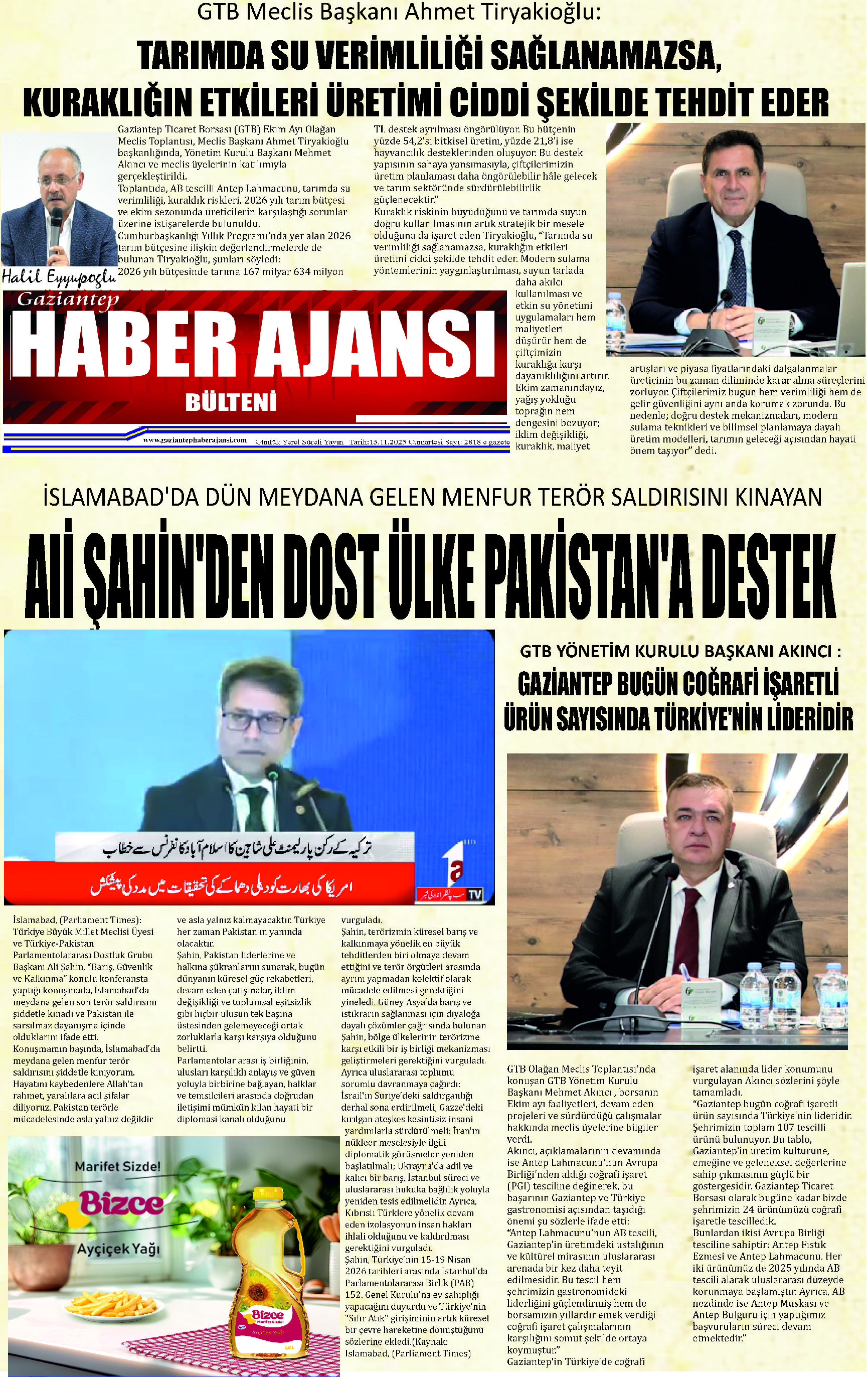 Gaziantep Haber Ajansı Bülteni Cumartesi  15.11.2025 e gazete