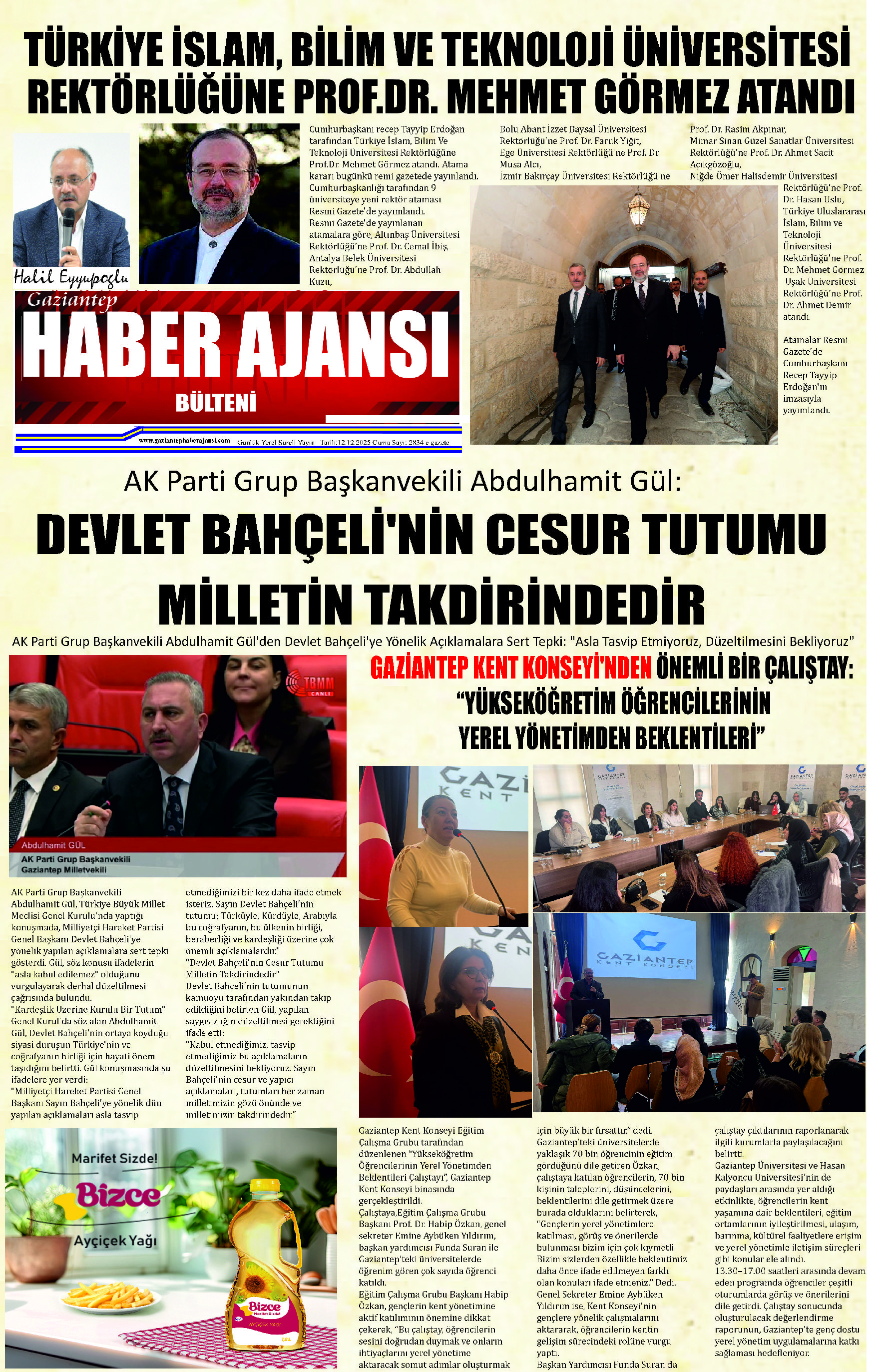 Gaziantep Haber Ajansı Bülteni Cuma  12.12.2025 e gazete