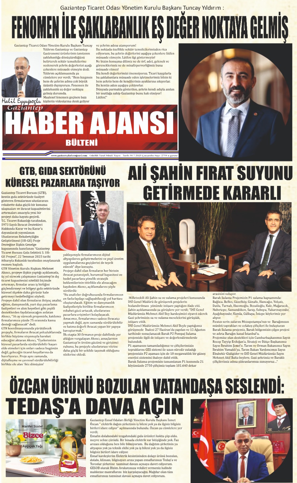 Gaziantep Haber Ajansı Bülteni Çarşamba 30.07.2025 e gazete